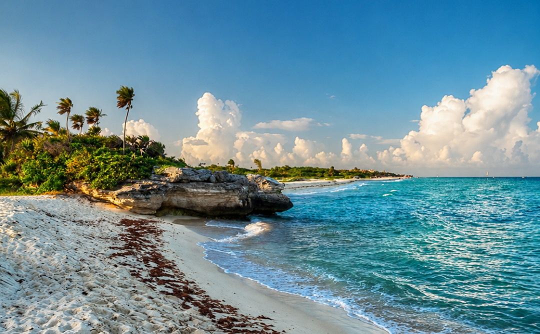 Weißer Sandstrand und türkisfarbenes Meer in Playa del Carmen.